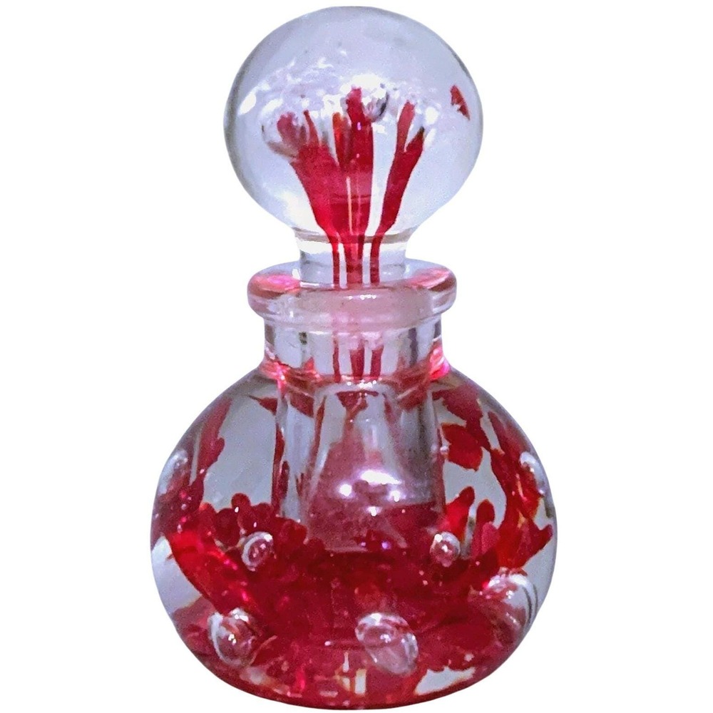 Helms Red Floral Glass Paperweight Cologne Bottle Vtg 80s Controlled Bubble Art